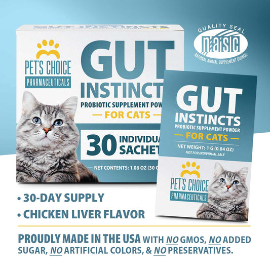 Pet’s Choice Gut Instincts Probiotic Supplement for Cats, Digestive & Immune Support, 30 Powder Packets, Made in USA
